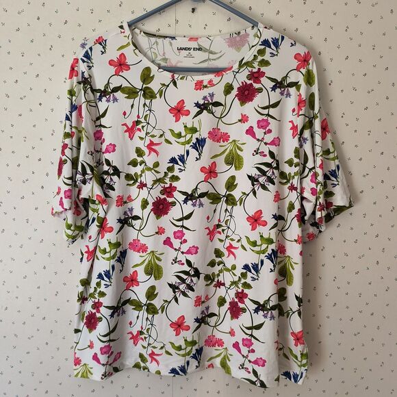 Lands' End Rash Guard Swim Tee Womens 1X Multicolor Floral SPF50 Stretch Coastal - Picture 1 of 14